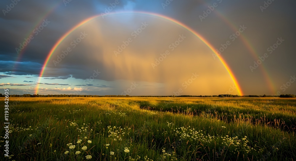 Naklejka premium Double rainbow over a golden sunset meadow. Cloudy sky. Beautiful wildflowers.