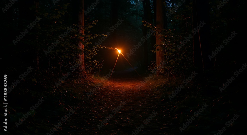 Fototapeta premium Dark mysterious forest path illuminated by a warm glowing light, concept for adventure travel, outdoor exploration and wilderness survival