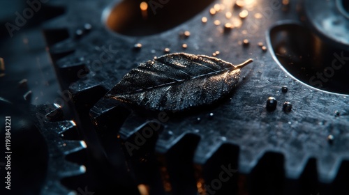 A closeup shot revealing the delicate s of a leaf perfectly aligned with the rugged edges of a steel gear illustrating the fusion of organic growth and industrial strength. photo