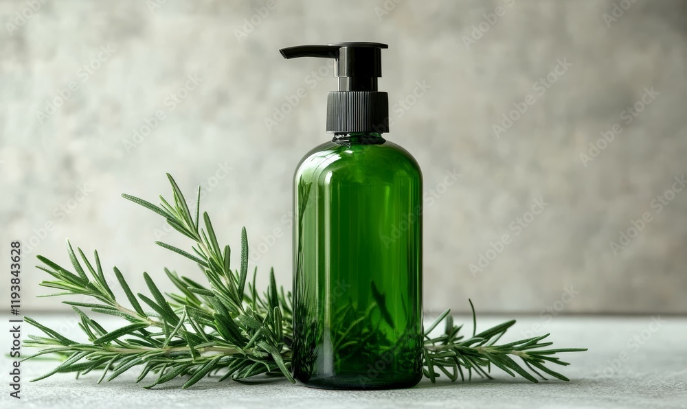 slender emerald green glass bottle with pump next to fresh sprigs of rosemary, herb, plants, green bottle slender emerald green glass bottle with pump next to fresh sprigs of rosemary, herb, plants, green bottle