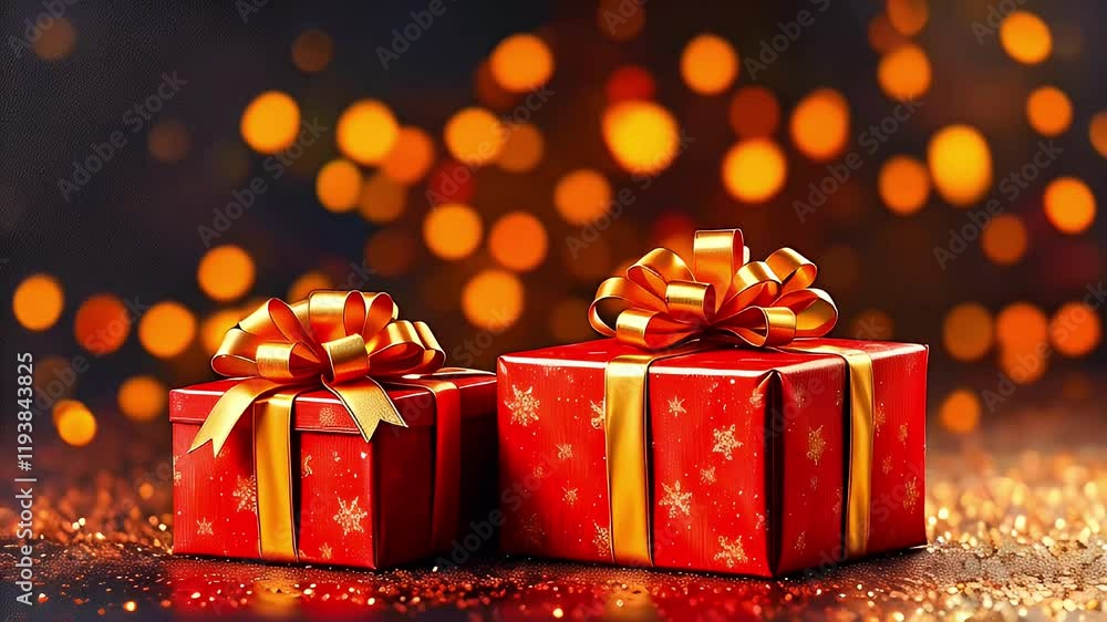 Festive red gift boxes with bows against a blurred background of warm lights. Festive red gift boxes with bows against a blurred background of warm lights.