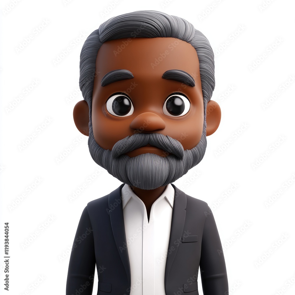 Curious 3D memoji of an elderly African American man with gray beard in formal jacket on white background
