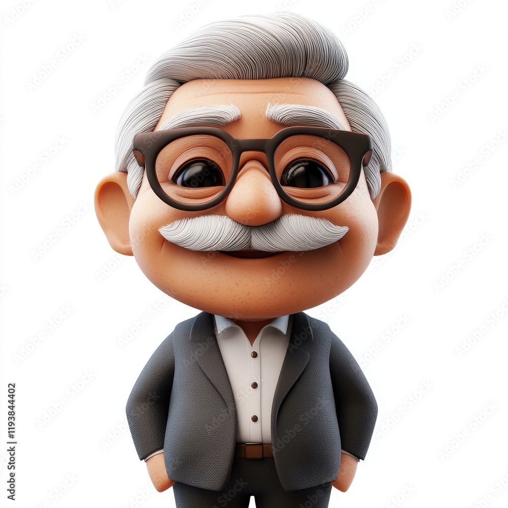 Fototapeta premium Elderly Indian man memoji with glasses and mustache expresses joy against a white background