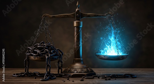 Antique scales of justice.  Chains and fire weigh imbalance.  Judgment and law seek freedom. photo