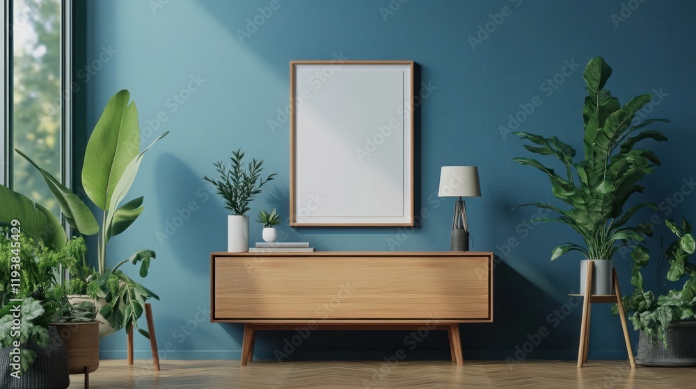 Fototapeta premium Modern Interior Design: Teal Walls, Wooden Cabinet, and Lush Greenery