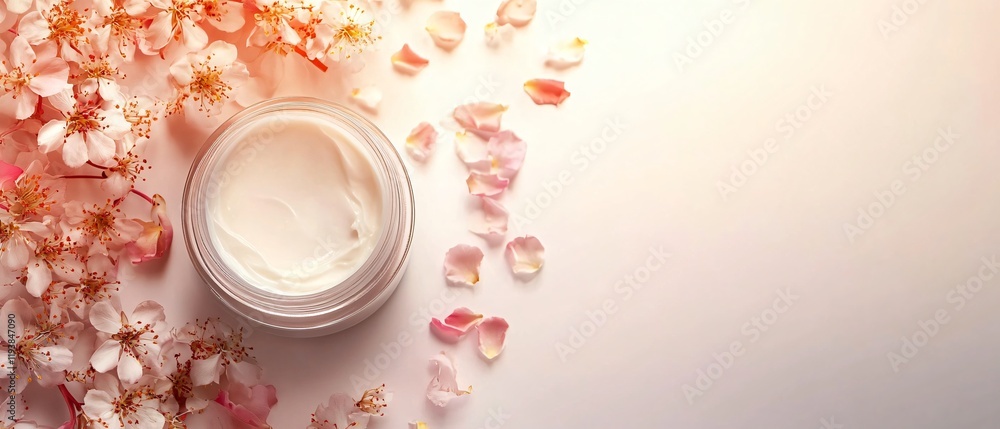 Flat lay top view of a creamy cosmetic jar with petals on pastel background. Concept for skincare. Copy space. Generative AI Flat lay top view of a creamy cosmetic jar with petals on pastel background. Concept for skincare. Copy space. Generative AI
