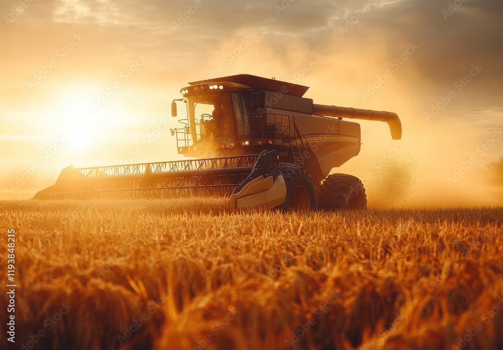 Fototapeta premium A Majestic Harvest Scene: A Combine Harvester at Work in a Golden Wheat Field Against a Beautiful Sunset Sky with Dust Clouds and Dramatic Lighting