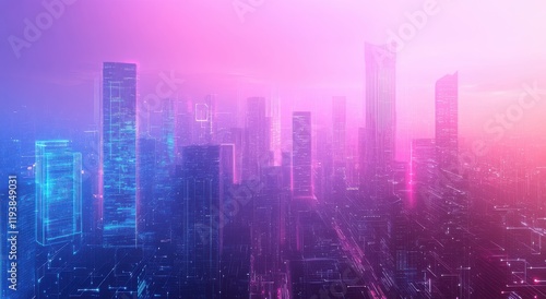 Wallpaper Mural A Vibrant Futuristic Cityscape at Dusk with Neon Lights and Skyscrapers Bathed in Soft Purple and Blue Hues, Evoking a Sense of Technology and Innovation Torontodigital.ca