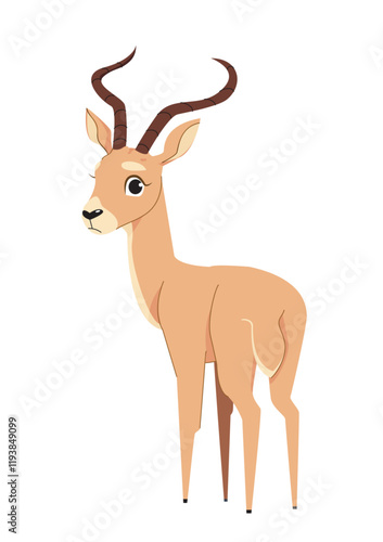 Illustration of a graceful antelope with curved horns, drawn in a clean and colorful style on a white background. Concept of wildlife and nature. Vector illustration