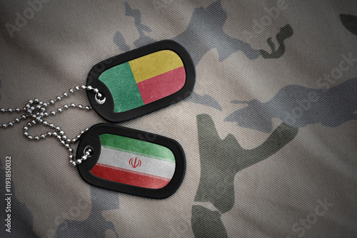 vintage army blank, dog tag with flag of and iran on the khaki texture background. military concept. photo