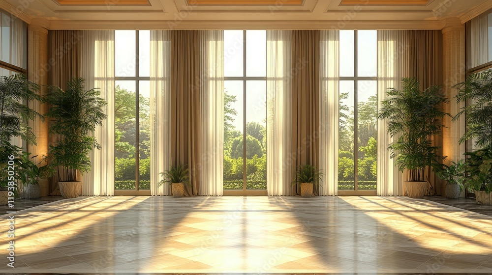 Fototapeta premium Sunlit Luxury Room Interior Design: Elegant Architecture, Spacious Living, Modern Home Decor, Serene View