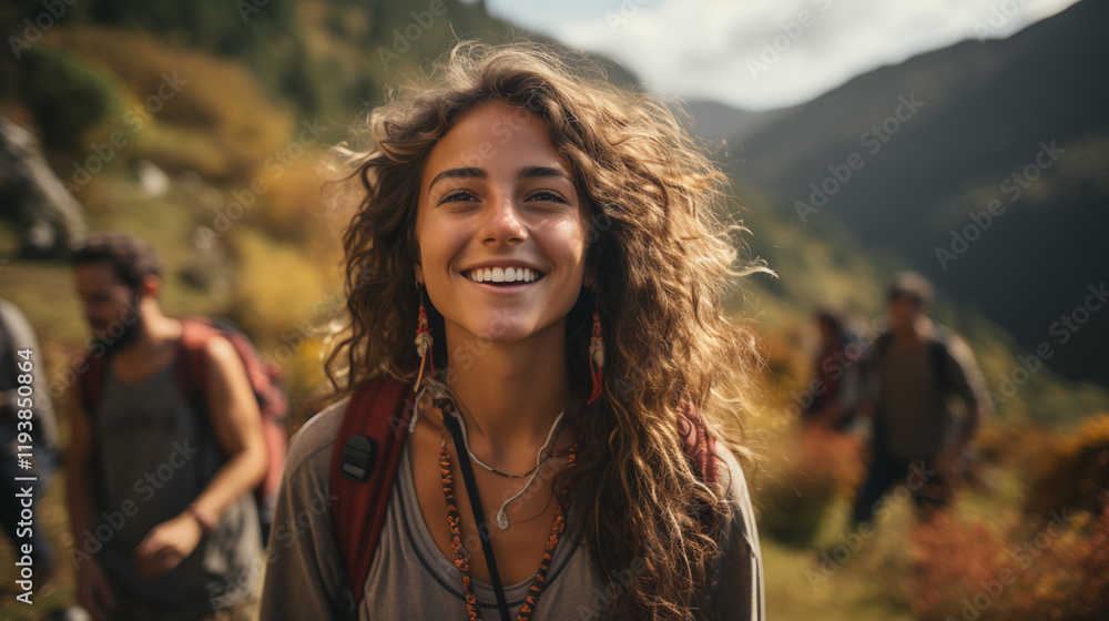 Smiling woman in the mountains enjoying nature with a beautiful view Smiling woman in the mountains enjoying nature with a beautiful view