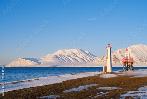 Navigational aids near the harbor. Longyearbyen, the capital of Svalbard on the island of Spitsbergen, Norway. photo