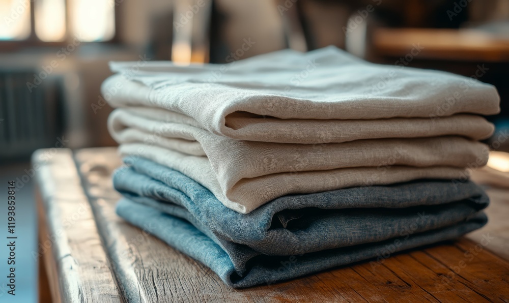 Freshly folded linen napkins stacked high on a wooden table, folded, linen, wood Freshly folded linen napkins stacked high on a wooden table, folded, linen, wood