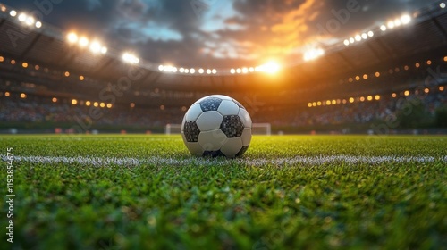 dynamic soccer ball lush green field stadium lights hyper-realism shallow depth of field photo