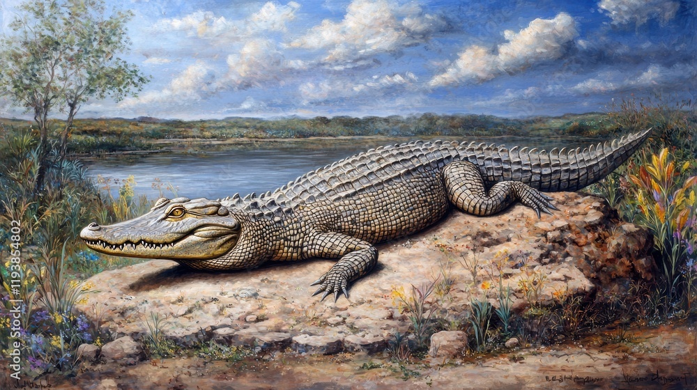 Naklejka premium Crocodile sunbathing by the riverbank nature scene outdoor landscape serene view