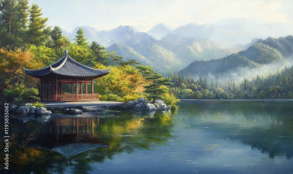 Fototapeta premium Serene Pavilion Lakeside Mountain View Landscape Painting