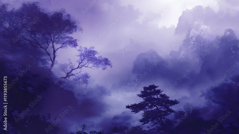 Ethereal Landscape with Misty Mountains and Trees in Purple Hues Ethereal Landscape with Misty Mountains and Trees in Purple Hues
