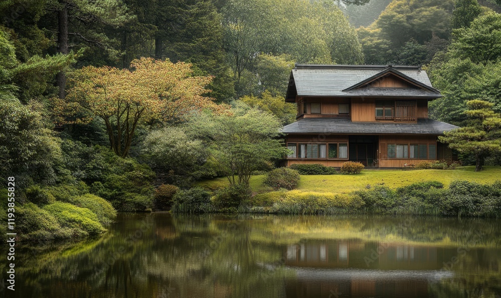 Serene landscape with a house situated in front of a tranquil pond, water, calmness, serene landscape Serene landscape with a house situated in front of a tranquil pond, water, calmness, serene landscape