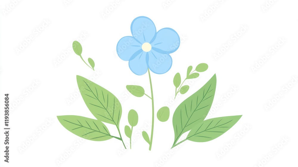 Blue flower, green leaves, buds, white background, design element Blue flower, green leaves, buds, white background, design element