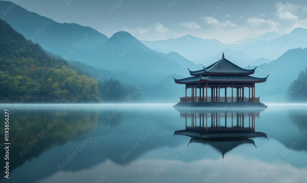 Fototapeta premium Serene Pavilion Reflecting On Calm Water Amidst Mountains