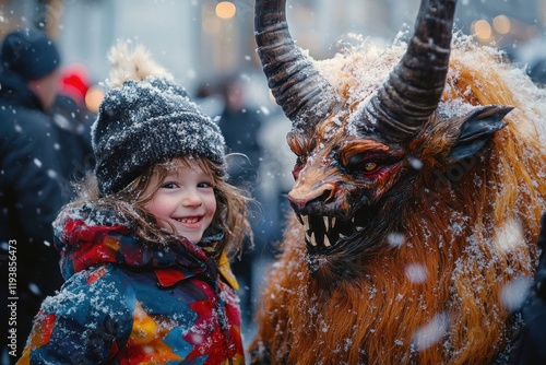 Whimsical Winter Celebration with Child in Colorful Jacket and Mythical Horned Creature in Impressionist Style photo