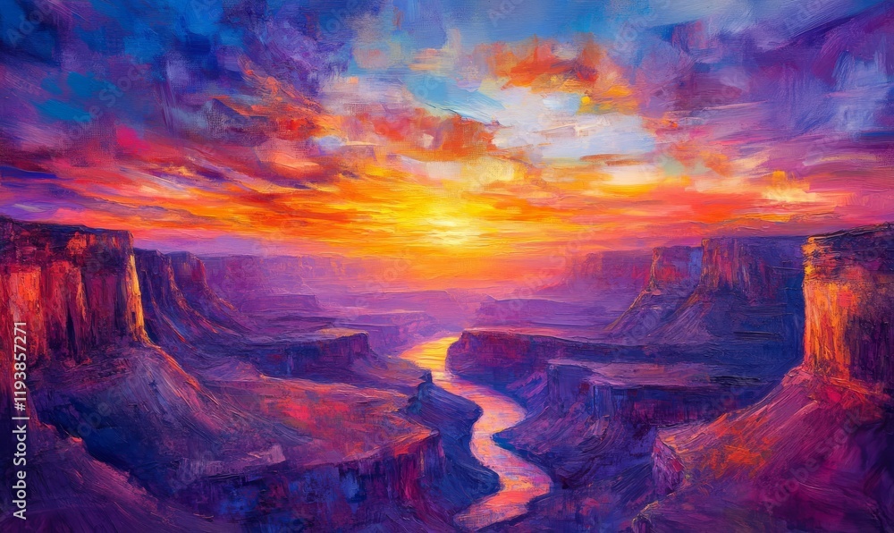 Fototapeta premium Vibrant Sunset Over Canyon Landscape Painted In Vivid Hues