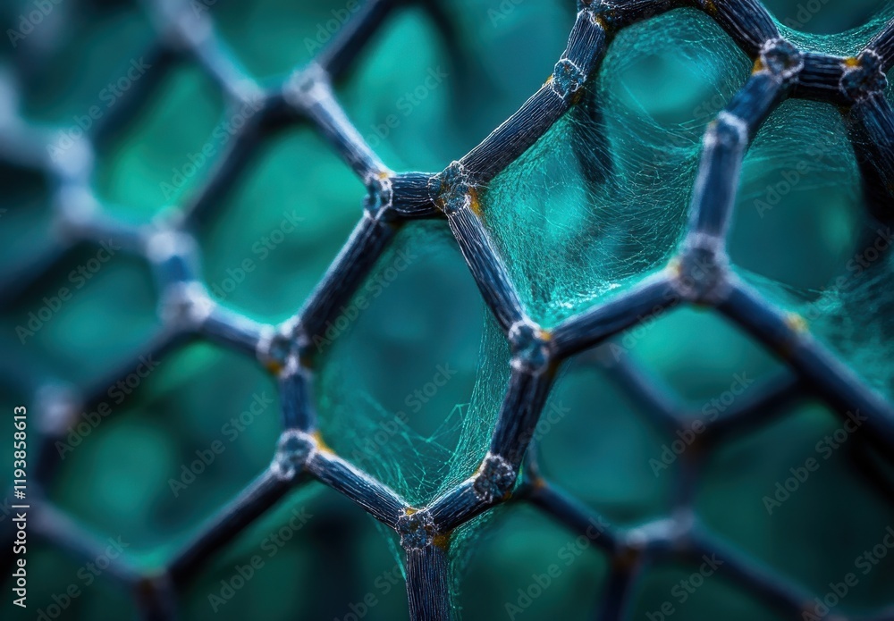 Fototapeta premium Abstract close-up image showcasing a complex structure of a honeycomb pattern with intricate details highlighting fibers and textures in vibrant shades of blue and green.