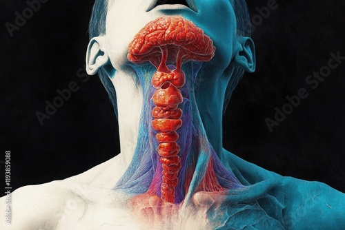Thyroid Gland Anatomy Surreal Art Representation with Vibrant Colors and Dramatic Lighting