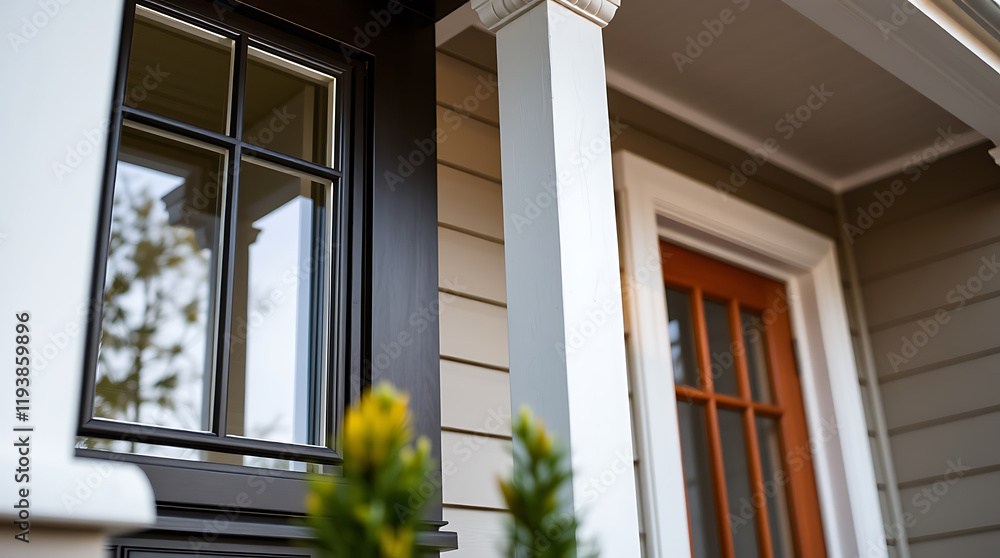 Fototapeta premium Elegant Home Exterior: Modern Architecture, Classic Design. High-quality Window and Door Details. Real Estate Photography