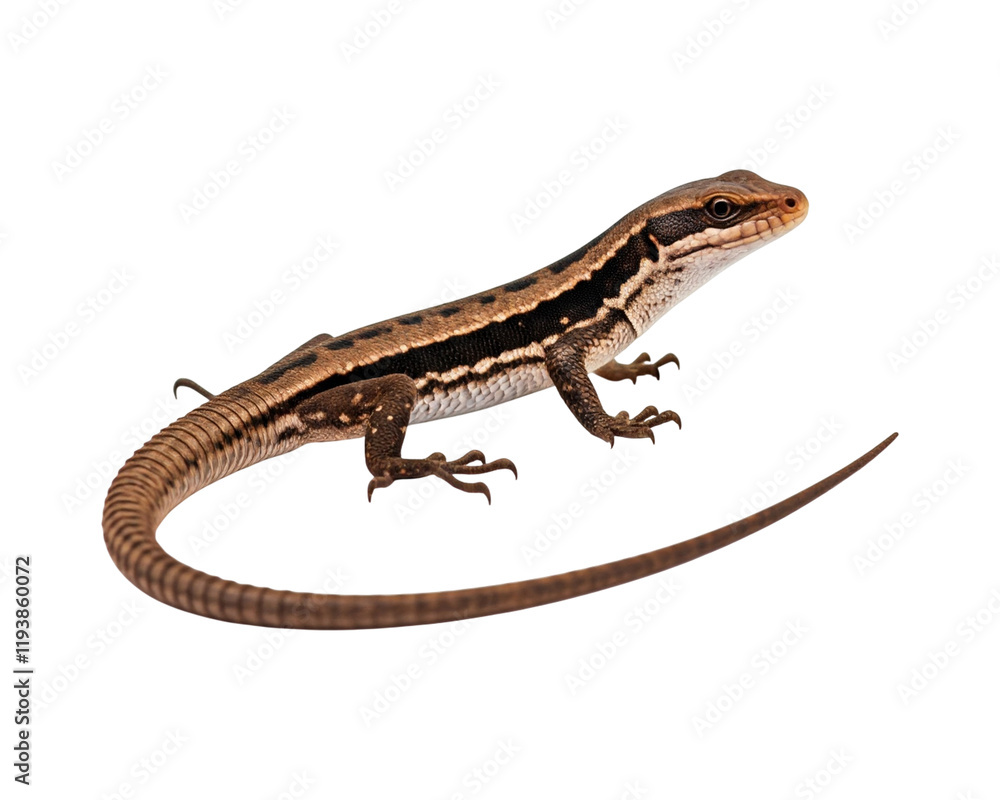 Isolated on a pristine white background, a macro lens captures the intricate details of a brown and black lizard with a long tail. Isolated on a pristine white background, a macro lens captures the intricate details of a brown and black lizard with a long tail.