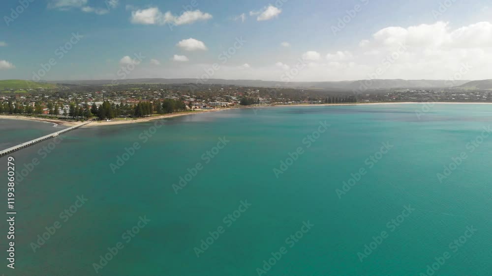 Granite Island, South Australia. Panoramic aerial view of coastline and bridge to Victor Harbour Granite Island, South Australia. Panoramic aerial view of coastline and bridge to Victor Harbour