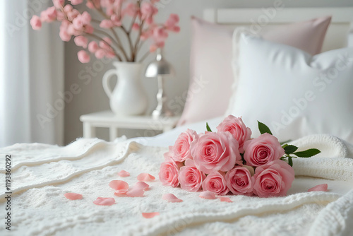 A bunch of pink roses on white crochet cardigan, white pillows, small silver lamp and tree at background, a surprise Valentine's Day in bed, soft color tone photo