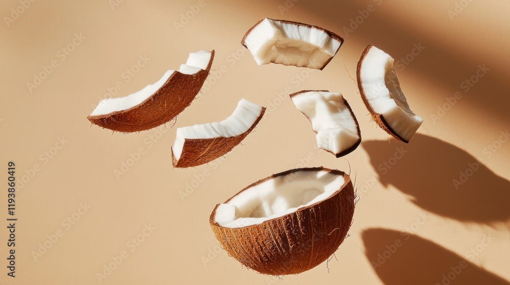 Slices of coconut falling on beige background. Slices of coconut falling on beige background.