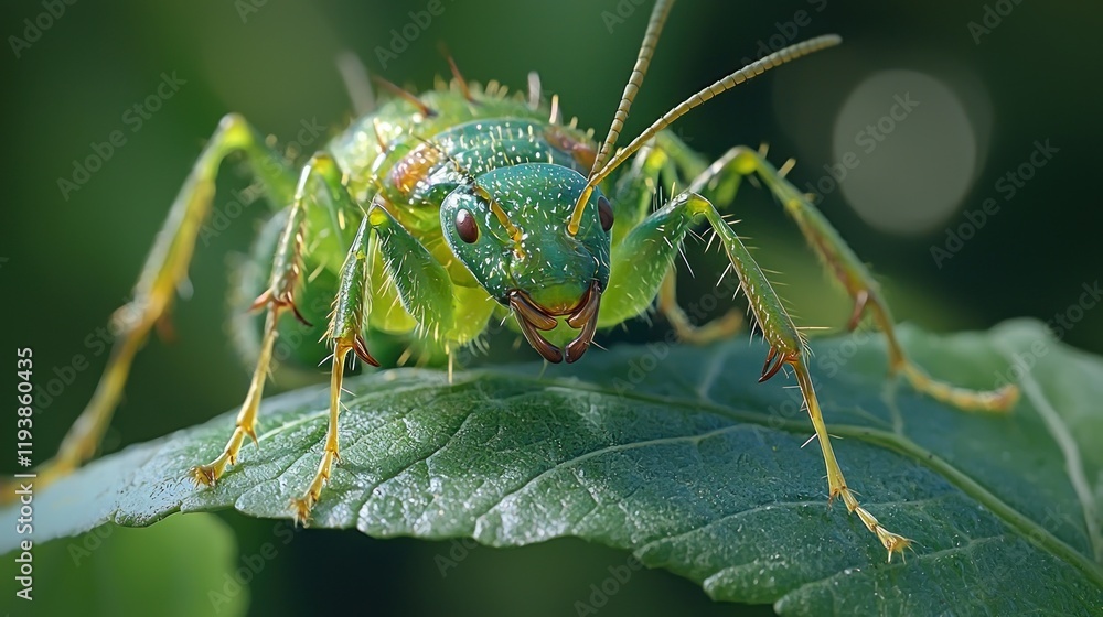 Close-up of a vibrant green insect with spines on a leaf. Close-up of a vibrant green insect with spines on a leaf.