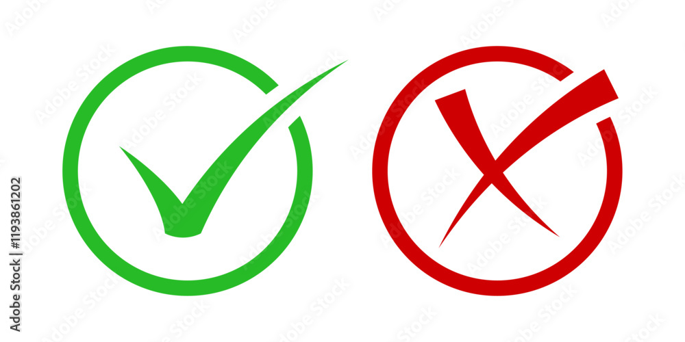 Green checkmark and red cross icons for validation, decision-making, and surveys. Ideal for UI design, presentations, and feedback visuals. Green checkmark and red cross icons for validation, decision-making, and surveys. Ideal for UI design, presentations, and feedback visuals.