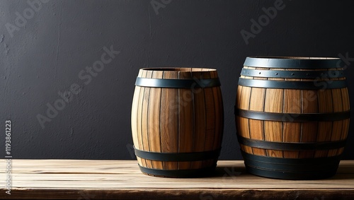 Two Wooden Barrels Resting on a Wooden Table photo