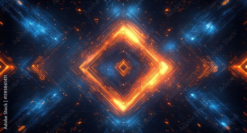 Obraz premium Abstract digital background featuring glowing orange and blue neon lines in a symmetrical diamond pattern against a dark backdrop, perfect for high-tech visuals and modern designs.