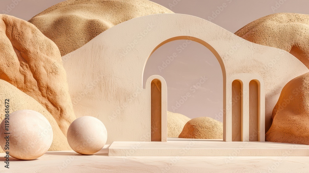 Fototapeta premium Artistic minimalist structure abstract landscape 3d render soft tones elevated perspective modern design concept