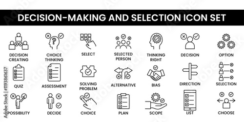 Decision-making and selection icon set with visual symbols for workflow, teamwork, and process management. Perfect for business or educational presentations.