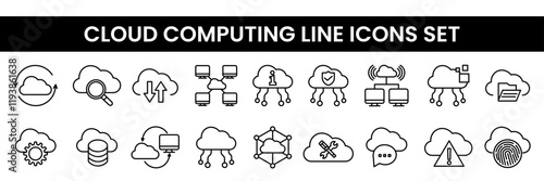 Line icons of cloud computing with servers, data sync, and network symbols. Ideal for IT, technology, or digital infrastructure projects. Minimal and modern design for tech visuals.