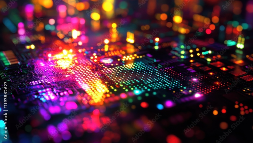 Abstract Digital Circuit Background with Colorful Lights, Bokeh Effects, and Vibrant Patterns, Ideal for Technology, Innovation, and Modern Design Themes Abstract Digital Circuit Background with Colorful Lights, Bokeh Effects, and Vibrant Patterns, Ideal for Technology, Innovation, and Modern Design Themes