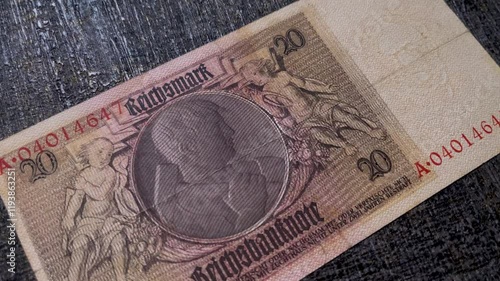 Collection of old German banknotes twenty marks 1929. Reverse view of old German money. photo