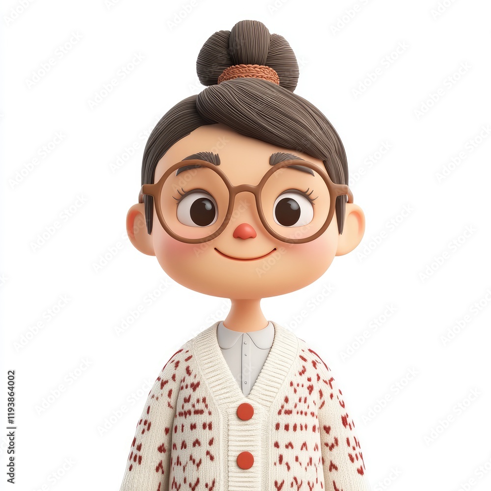 Elderly European woman with glasses and bun in a patterned cardigan on a plain white background Elderly European woman with glasses and bun in a patterned cardigan on a plain white background