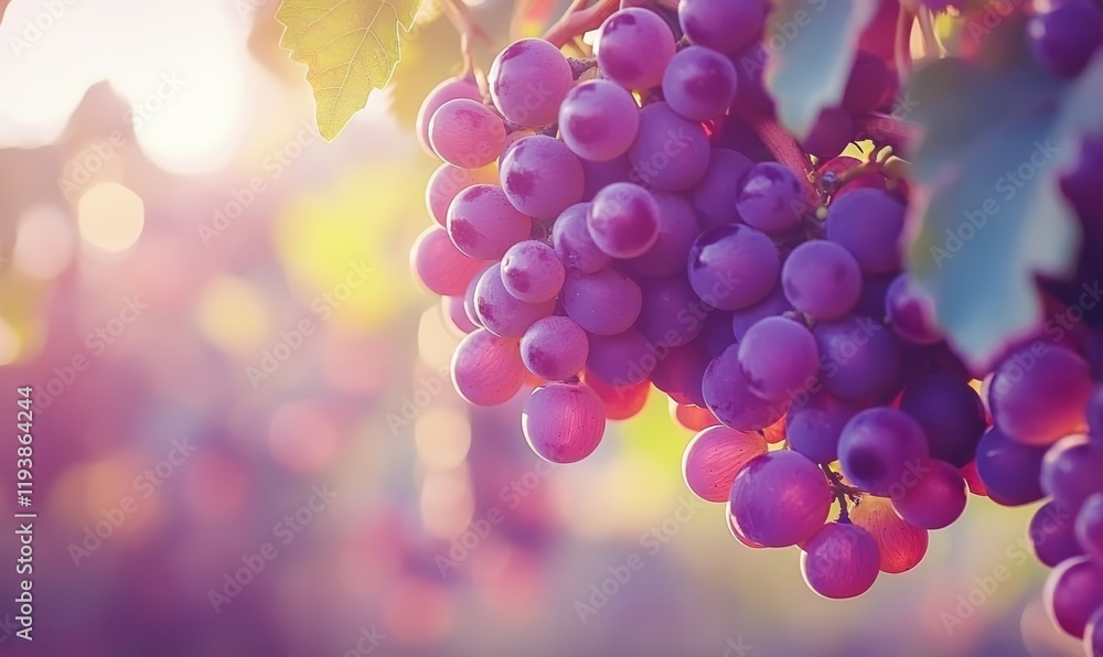 Vibrant purple grapes ripening on a wine grape vine in the warm afternoons, ripe fruit, grape harvest Vibrant purple grapes ripening on a wine grape vine in the warm afternoons, ripe fruit, grape harvest