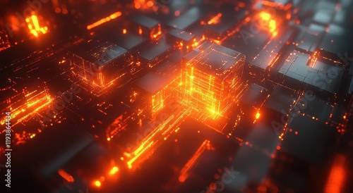 Abstract Digital Landscape with Glowing Orange Lines and Blocks, Showcasing a Futuristic Technology Concept in a Dark Setting