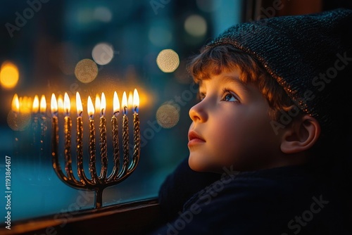 Boy Lighting Menorah for Hanukkah at Night by Window with Candlelight in Cozy Atmosphere photo