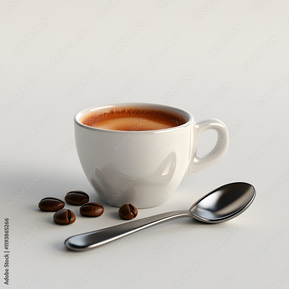 Cup of Italian espresso with rich crema next to spoon and coffee beans Cup of Italian espresso with rich crema next to spoon and coffee beans