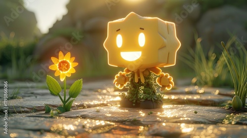 A cheerful, glowing cube-shaped character befriends a small sunflower in a serene outdoor setting bathed in warm sunlight. photo