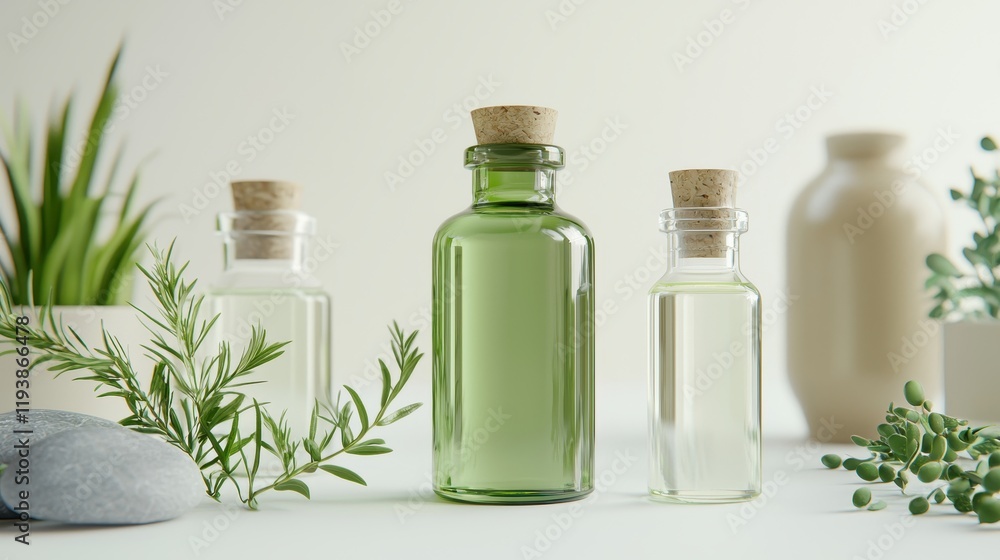 Refreshing essential oils display with green glass bottles natural elements minimalistic studio soft lighting Refreshing essential oils display with green glass bottles natural elements minimalistic studio soft lighting